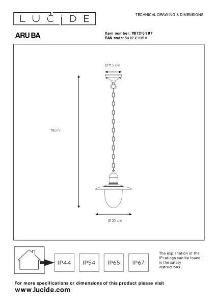 Lucide ARUBA - Suspension Intérieur/Extérieur - Ø 25 cm - 1xE27 - IP44 - Rouille - technique